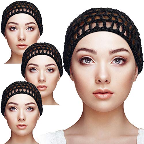 Geyoga 4 Pieces Mesh Crochet Hair Net Rayon Knit Snood Hat Thick Short Women Hairnet Snoods Cover Ornament for Sleeping (Black) - color: Black