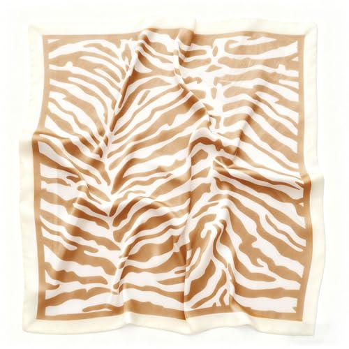 CHUNG Women's Scarf Hair Bandanas Square 27.5" Satin Wrap Fashion Pattern Scarves Emulation Silk Handbag Ribbons Necktie - color: Light Khaki Zebra