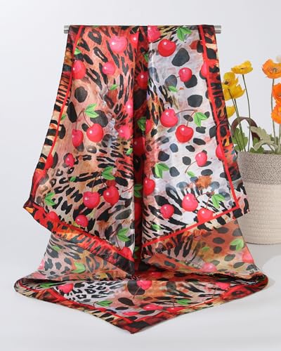 AWAYTR 35” Square Satin Head Scarf Hair Scarf for Women's Hair Silk Bandana for Women Silk Head Wrap for Sleeping - color: Leopard Print Red
