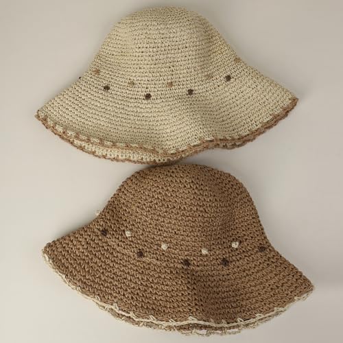 Women Straw Sun Hat Summer Beach Hats Foldable Floppy Cap Wide Brim Bucket Hat Solid Handmade Sun Protection Caps - color: Dot-beige