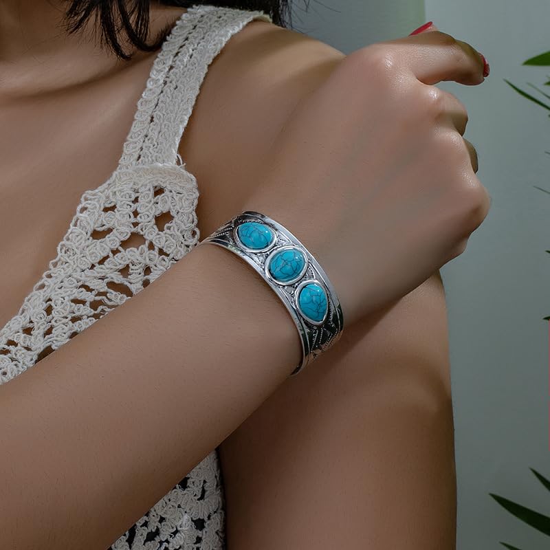 Western Bracelets for Women Vintage Chunky Turquoise Cuff Bracelet Turquoise Country Bracelets Adjustable Boho Cuff Bracelet Western Country Costume Jewelry Accessories - style: style1