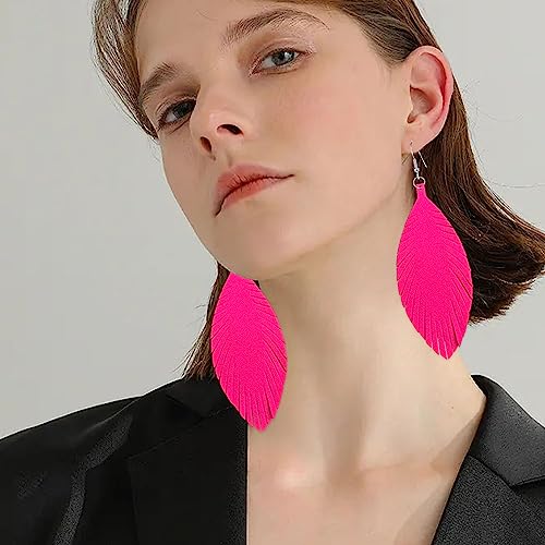Large Genuine Soft leaf Leather Handmade Fringe Tassel Feather Lightweight Tear Drop Dangle Color Earrings for Women - color: Hot Pink