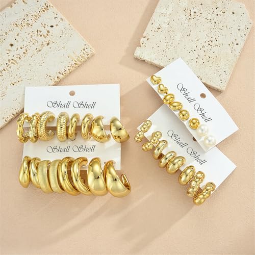 16 Pairs Starfish Chunky Gold Hoop Earrings Set for Women, Beach Shell Style Stack Statement Earrings, Hypoallergenic Lightweight Gold Plated Trendy Summer Jewelry Gift - color: gold-pearl