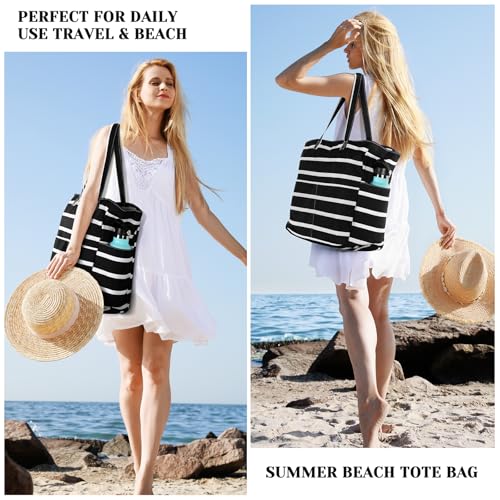 Trifabricy Beach Bags for Women Waterproof Sandproof Women Tote Bag, Large Beach Bag with Zipper for Gym Travel Vocation - color: Black