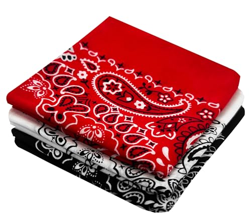 Classic Paisley Bandanas - 3 Pack Gift Set, 100% Cotton, 22x22 Inches - color: Red White Black