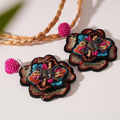 Boho Floral Embroidered Earrings with Colorful Bead Accents and Crystal Center for Women - color: Colour