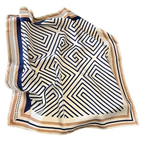 JERLA 100% Pure Mulberry Silk Square Scarf for Hair-27''x27'' Women Men Natural Silk Neckerchief Headscarf - color: Blue and Coffee Geometry Stripe