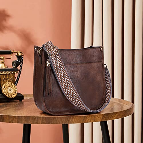 HKCLUF Crossbody Bag Purse for Women 2PCS/Set Leather Hobo Handbag Wallet Set With 2Adjustable Guitar Strap Shoulder Bag | Purse - color: 01 Light Coffee