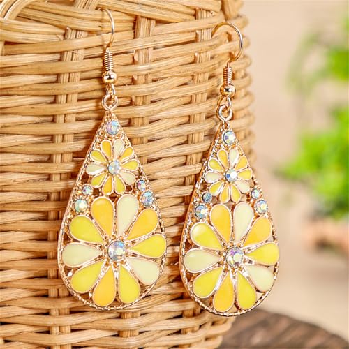 coadipress Bohemian Flower Teardrop Earrings for Women Trendy Vintage Colorful Hollow Out Flower Floral Dangle Earrings Bohemian Handmade Ethnic Statement Jewelry - color: Gold Yellow