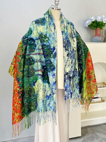 VENVSBEE Reversible Scarf Soft Large Shawl Wrap Blanket Double Sided Art Print Warm Pashmina Stoles Klimt Van Gogh Gifts - color: Art 17