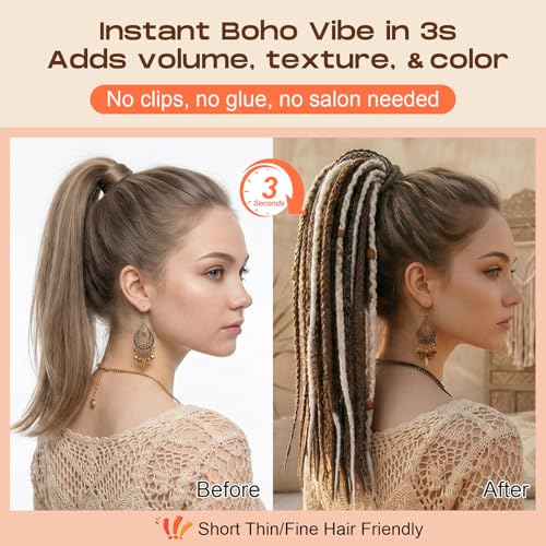 SEIKEA Boho Braided Ponytail Extension on Hair Tie, 16" Full Volume Lightweight Viking Dreadlock Ponytail Braid in Dreadlock Extensions with Beads and Shells, Festival Hair Accessories for Women Girls - color: Pastel Fairycore Lilac