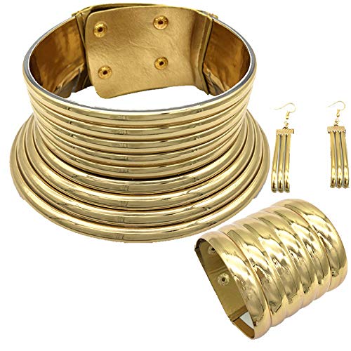 COLORFUL BLING Tribal African National Choker Necklace Snap Leather Chunky Large Punk Gothic Collar Flamboyant Earrings Bracelet Jewelry Set for Women Costume Accessories - style: 3pcs Gold A