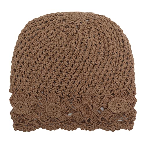 ZLYC Women Cotton Crochet Slouchy Beanie Hat Handmade Knit Summer Skull Cap - color: Flowers Light Brown