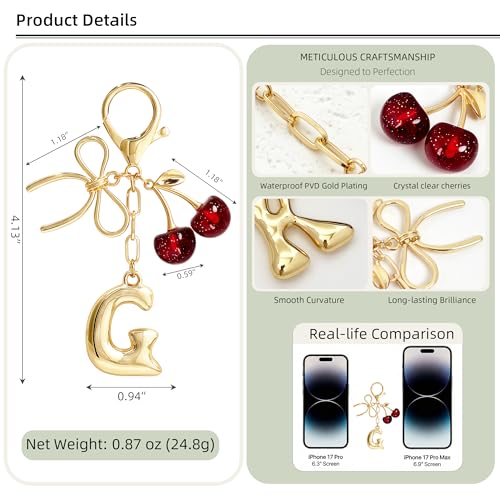 Cute Initial Cherry, Bow, Heart & More Styles - Personalized Keychain Bag Charms & Purse Accessories for Handbags - color: Red Cherry, style: G