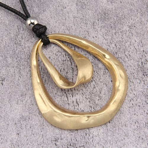 GelConnie Leather Necklace for Women Round Wooden Pendant Long Leather Choker Vintage Sweater Necklace Gold Chunky Boho Necklaces for Women - style: Gold 2 Circles Pendant