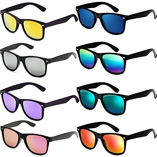 Eyegla Sunglasses Bulk Party Sunglasses Pack 80s Shades Eyewear Set for Men Women 8/10/20/30Pack - color: Black Frame+mix Mirror Lens 8 Pack
