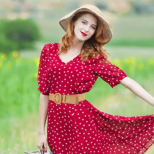 2 Pieces Women Straw Woven Elastic Stretch Waist Belt Skinny Dress Braided Waist Belt with Wooden Style Buckle - color: Black and Khaki