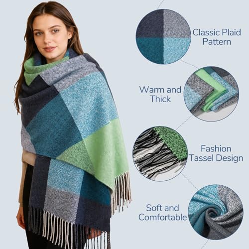 Loritta Womens Scarf Fashion Long Plaid Shawls Wraps Big Grid Winter Warm Lattice Large Scarves Gifts - color: J-green Water Blue Plaid