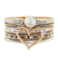 Womens Multi Layer Heart Leather Wrap Bracelet Boho Stackable Cuff Bangle Magnetic Clasp Crystal Birthday Valentine Gift - color: White-gold
