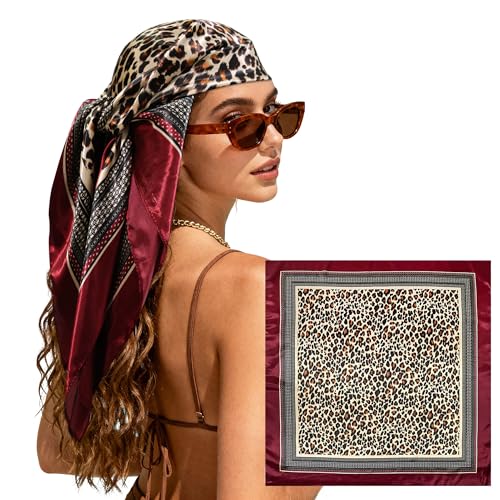 Large Square Head Scarf Bandana - 35" Satin Hair Scarf for Women Like Silk Scarf Fashion Hair Wrapping - color: Leopard(red), size: 35IN*35IN