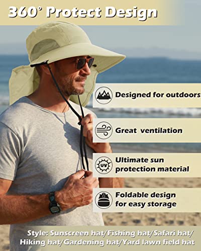 Tirrinia Wide Brim Sun Hat with Neck Flap for Men & Women, Breathable Hiking Fishing Safari Hat, Outdoor UV Protection Cap - color: Tan