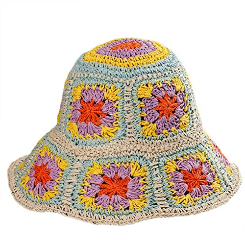 Women Straw Sun Hat Floral Woven Crochet Bucket Hat Y2k Aesthetic Accessories Beach Hat Hand Woven Boho Foldable Cap - color: Purple