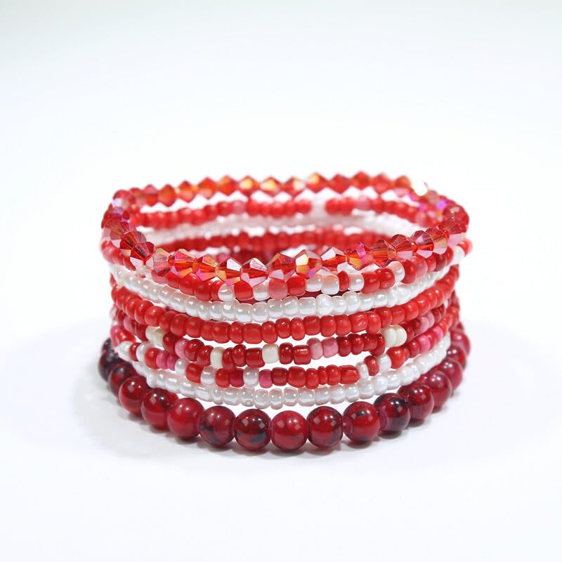 Pingyongchang Boho Colorful Beads Stackable Bracelets Set for Women Handmade Multicolor Seed Crystal Layered Stretch Bracelets Retro Country Holiday Beach Trendy Jewelry Gifts - color: Red