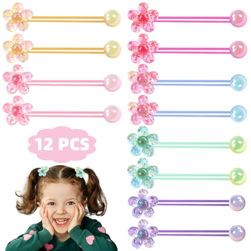 12PCS Ball Charm Hair Ties for Little Girls, Colored Camellia Bead Rubber Band Bubble Hair Ties with Balls No Damage Ponytail Holders for Toddler Girls (Pink, Purple, Blue, Rose Red, Green,Yellow) - color: Pink, Purple, Blue, Rose Red, Green ,Yellow