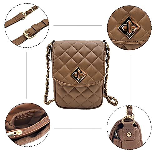 Phone Crossbody Bags for Women Small Vegan Leather Mini Shoulder Wallet Card Quilted Purse - color: B - Caramel & Gold