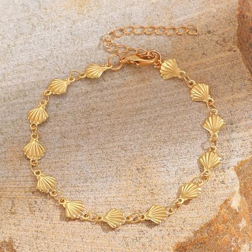 Statement Gold Small Beaded Seashell Chain Bracelet for Women, Dainty Simple Ocean Beach Sea Shell Bracelets Non Tarnish Boho Hawaii Vacation Jewelry