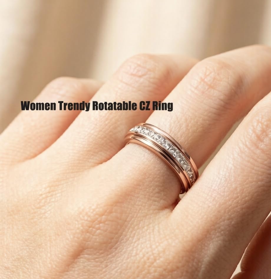 6mm Titanium Fidget Rings for Women Anxiety Relasing, Full Cubic Zirconia Ring Eternity Wedding Band Ring Love Statement Jewelry, Hypoallergenic Stainless Steel Gold Rings for Women No Tarnish - color: rose gold-fidget