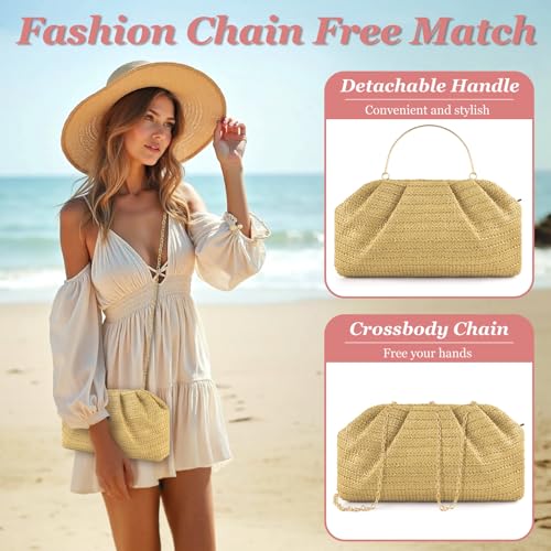 ERKOON Clutch Purse for Women Elegant Pleated Evening Bag Crossbody Shoulder Handbag Envelope Bag with 2 Detachable Chain - color: Khaki