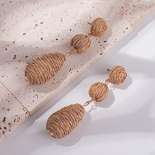 Boho Raffia Earrings Statement Dangle Earrings Cute Teardrop Ball Earrings Colorful Summer Jewelry Handmade Rattan Earrings for Women - color: Wheat