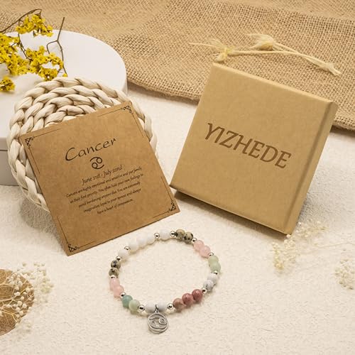 Zodiac Natural Stone Bracelet – Handmade Crystal Healing Bracelet with Zodiac Charm – Adjustable Beaded Jewelry Gift for Women Men Girls - color: Cancer