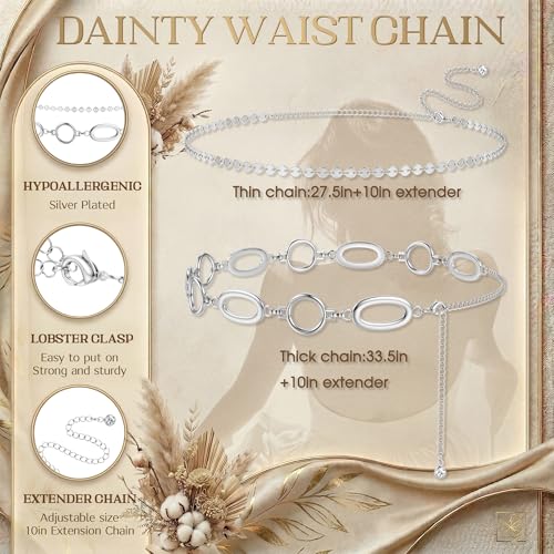 Florideco Waist Chain Belt for Women, Layered Belly Chain, Waterproof Boho Pearl Concho Cuban Body Chain, Adjustable Summer Beach Coachella Fashion Jewelry for Jeans Dresses - style: Silver Plated-Disc Chain