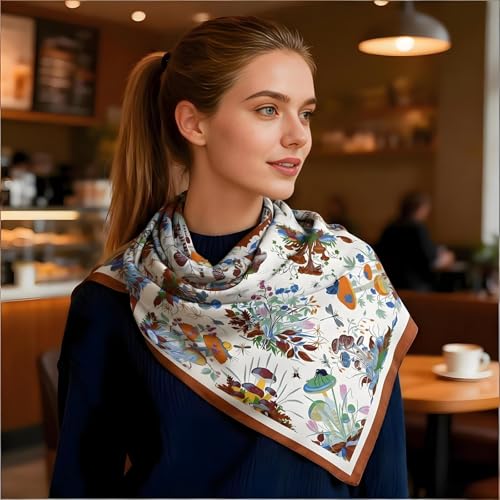 Premium Floral Scarf for Women 35x35 Square Silk Feel-Lightweight Scarves Headscarf Bandanas Wrapping Handbag - color: ‌festive Floral & Fauna Scarf