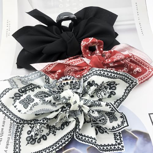 3 PACK Large Bow Western Hair Claw Clips,Boho Bandana Hair Bows Clips for WomenThick Hair Non-slip Hair Accessories for Girls - color: Black,White,Red