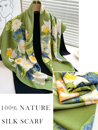 100% Mulberry Silk Scarf for Women Hair Lightweight Square Neckerchief Wrap For Head Scarves 21" - color: 14-green Oil Flowers /21"*21"