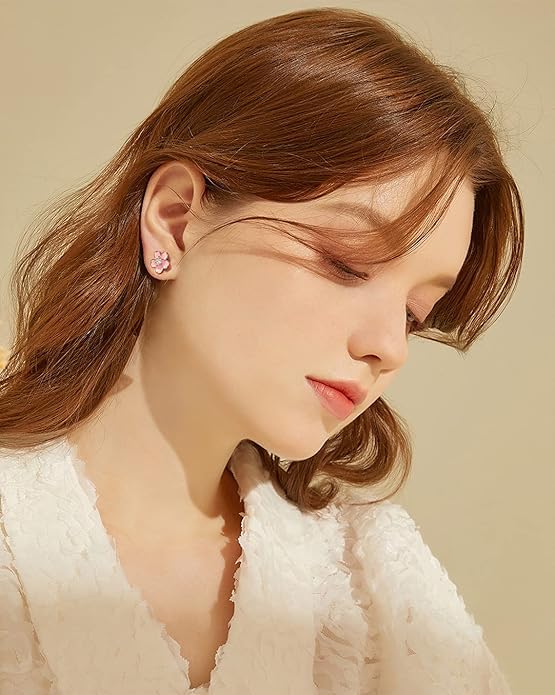 Pink Flower Earrings for Women, 925 Sterling Silver Stud Earrings, Cute Plumeria Earrings For Women, Cherry Blossom Hypoallergenic Stud - color: *New Pink