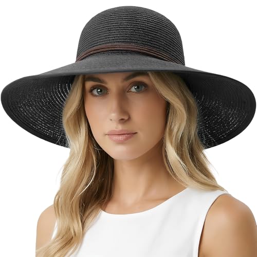 DRESHOW Beach Hats for Women Big Straw Wide Brim Summer Hat Floppy Foldable Roll up Cap Sun Hat UPF 50+ - color: 1 Pack Bowknot Hat: Black, 4.7" Brim
