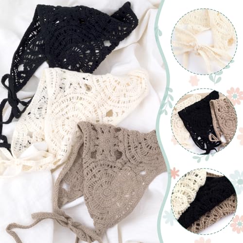 3 Pcs Crochet Bandana, Cute Bandanas for Women, Flowers Crochet Head Scarf, Vintage Head Scarf for Women's hair Styling Decor (Black, Beige, Brown) - color: Black, Beige, Brown-style1