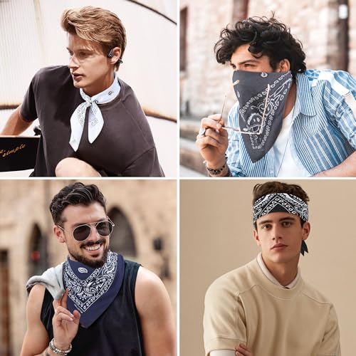 Mochabao 100% Cotton 27" x 27" Large Bandanas for Men & Women, Multi-Purpose Bandana Headbands, Square Head Scarf - color: White/Black/Navy Blue/Gray