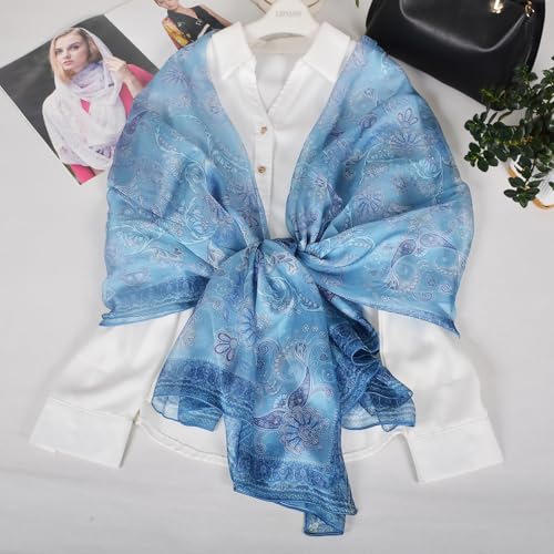 100% Mulberry Silk Women's Neck Silk Scarf-Lightweight Shawl,FLoral Print Beach Silk Wrap-Scarves for Photography - color: Grey Blue