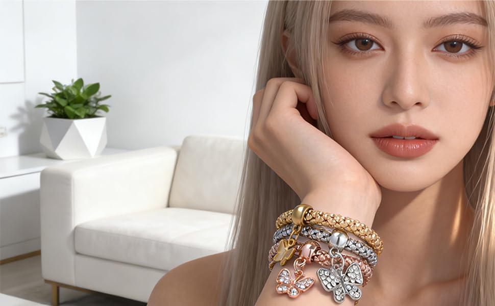 Alegend Titanium Steel (Not Rust, Resist Corruption, Easily Clean) 18K Gold Plated Single Bracelets + 14K Gold Plated Stackable Multilayer Bracelets - style: 14KGold Crystal Butterfly Diamond-Inlaid
