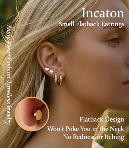 Incaton Hypoallergenic Flat Back Earrings for Women Silver 14K Gold Plated Surgical Stainless Steel Stud Earrings Cubic Zirconia Cartilage Studs Earrings For Multiple Piercing Sensitive Ears - color: I-Gold