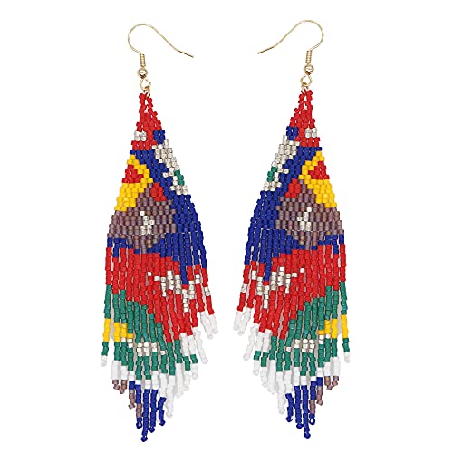 Flower Black Beaded Long Tassel Western Native American Earrings For Women Dangling - color: blue