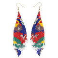 Flower Black Beaded Long Tassel Western Native American Earrings For Women Dangling - color: blue