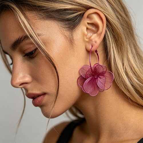 Gold Flower Statement Earrings for Women Boho Trendy Hoop Earrings Floral Dangle Petal Earring Prom Wedding Jewelry Gifts - color: A5:hot pink