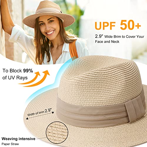 DRESHOW Women Straw Panama Hat Travel Fedora Beach Sun Hat Summer Wide Brim Straw Roll up Hats UPF 50+ - color: Wide Brim Hat: Khaki Square Knot
