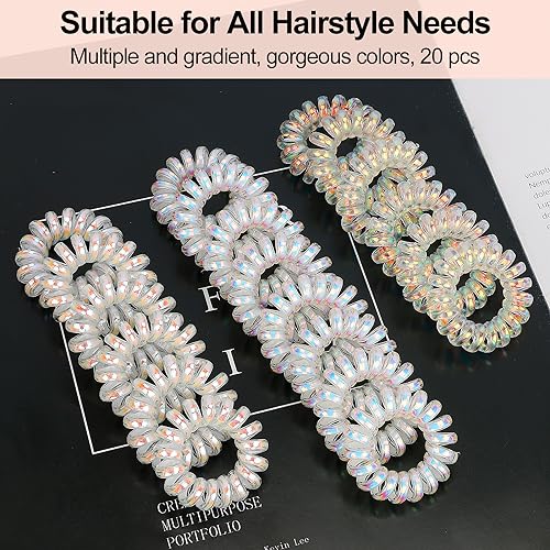 JessLab Spiral Hair Ties, 20 Pcs Traceless Phone Cord Hair Ties No Crease Spiral Bracelet Plastic Coil Ponytail Holders No-Damage Headband Hair Accessory for Girls Women Ladies Gift - color: Silver Mermaid Girl